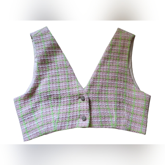 NWOT Zara Cropped Vest Women's Large Gingham Tweed Pink Green White - Picture 1 of 10